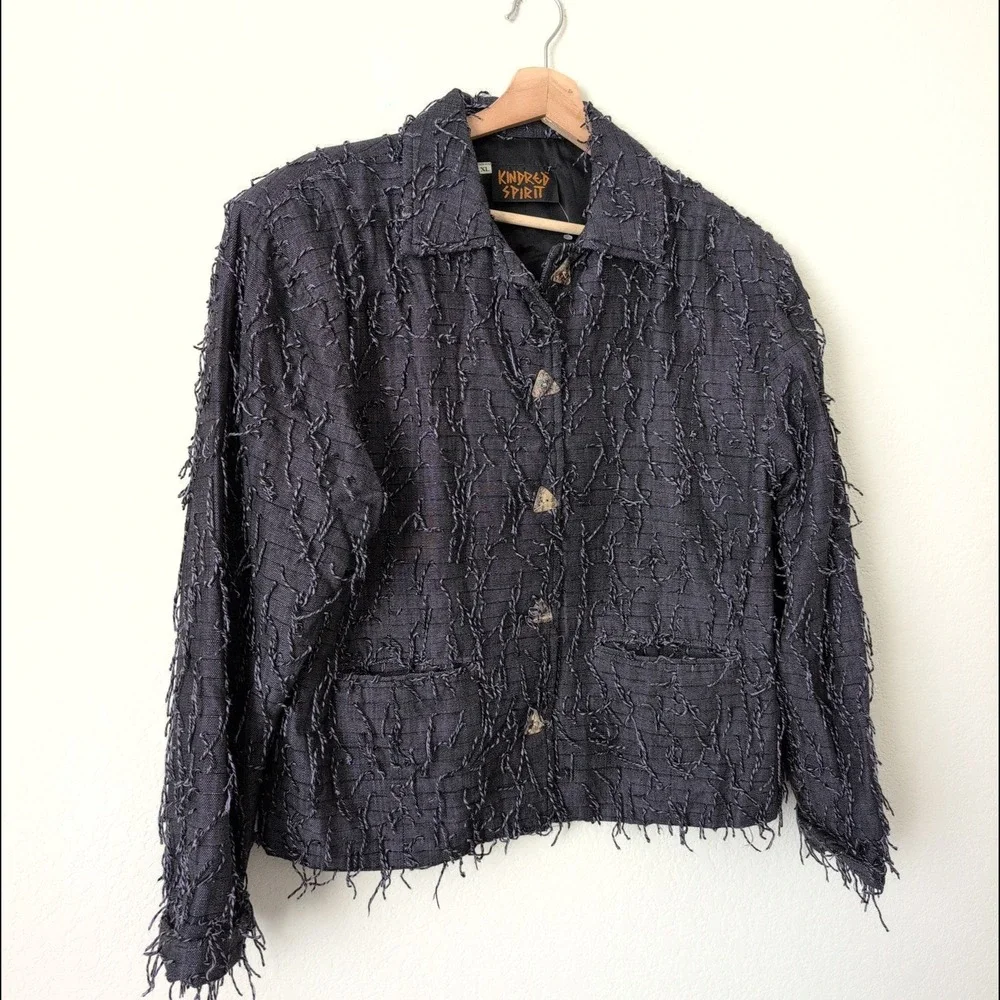 Kindred Spirit Unique Textured Fringe Jacket XL Wearable Art Lagenlook Eclectic‎